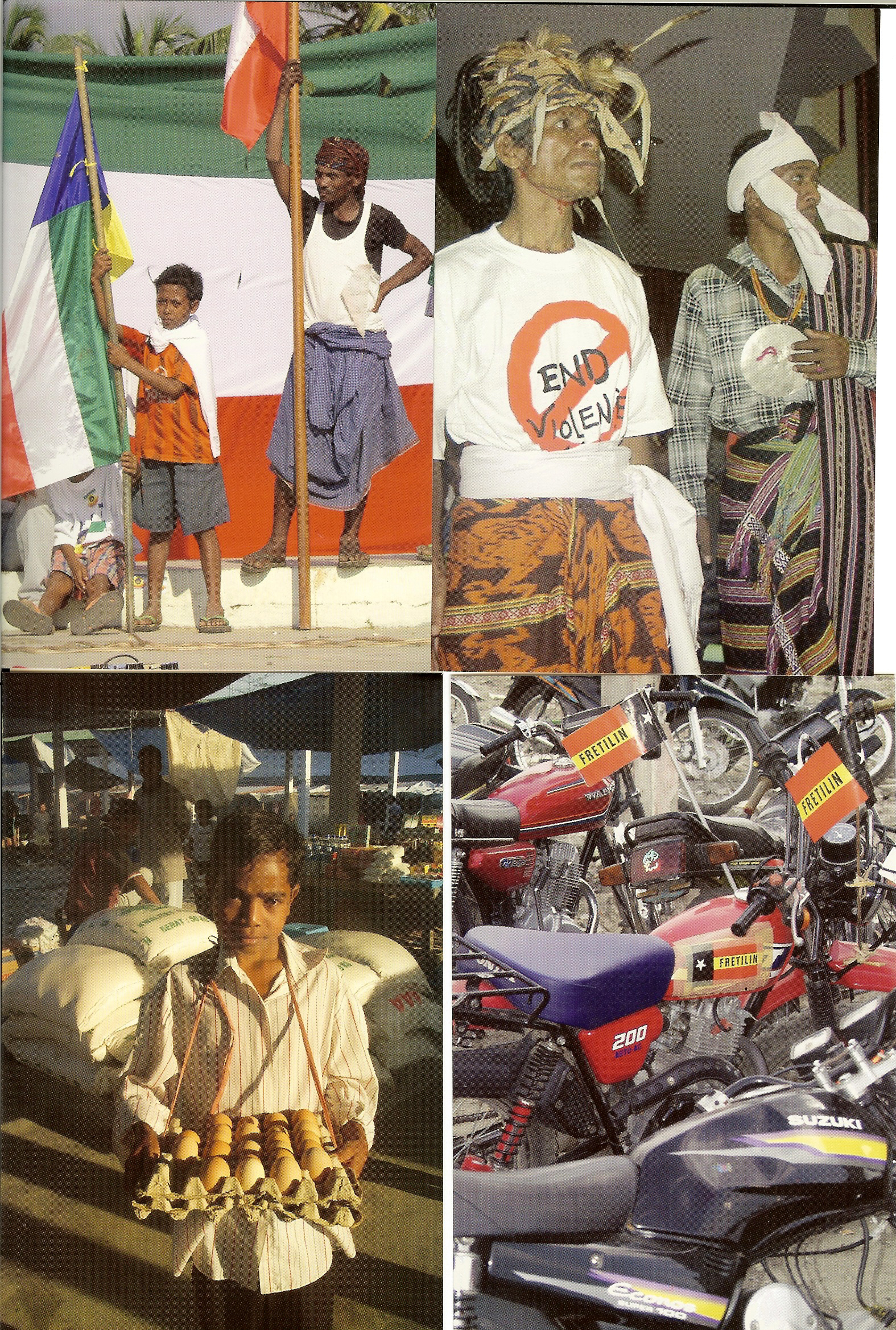 Fyra vykort: barn med flaggor, byhövdningar vid invigningen av den konstituerande församlingen 2001, äggförsäljare, mopeder med Fretilinflaggor